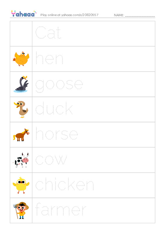 Picture and word rows worksheet for On the farm