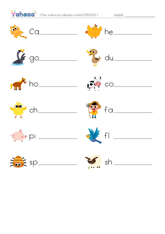 Write the word rows worksheet for On the farm