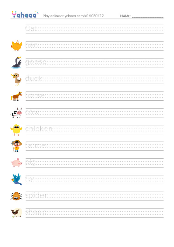 Handwriting lines worksheet for On the farm