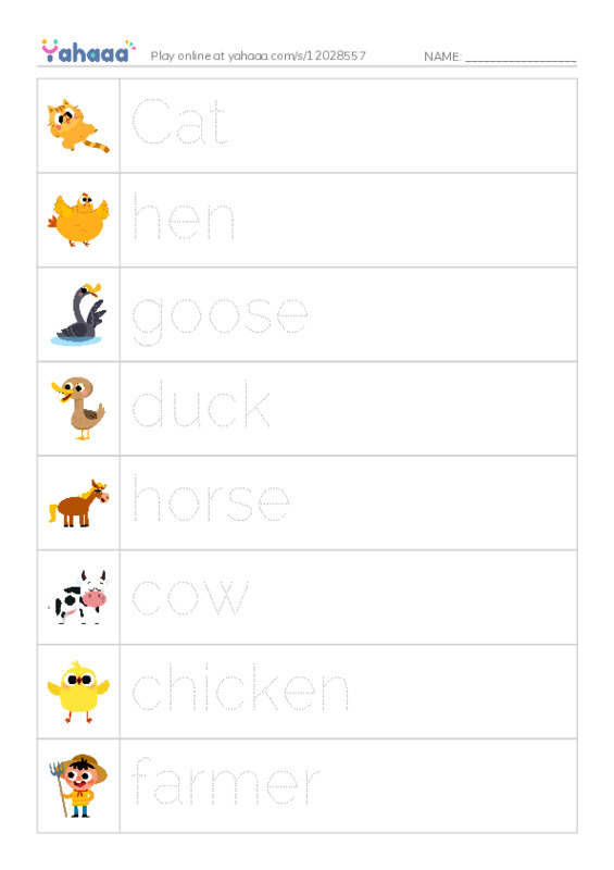 Picture and word rows worksheet for On the farm
