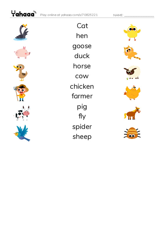 Match both sides worksheet for On the farm
