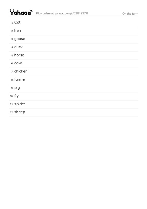 Word list with meanings worksheet for On the farm