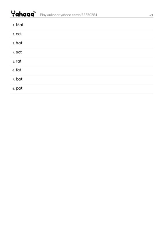 Word list with meanings worksheet for -at