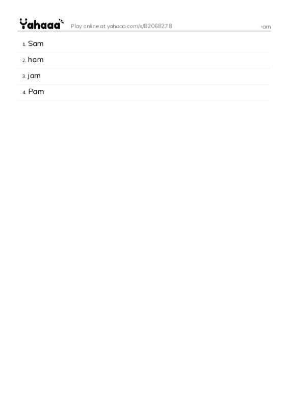 Word list with meanings worksheet for -am