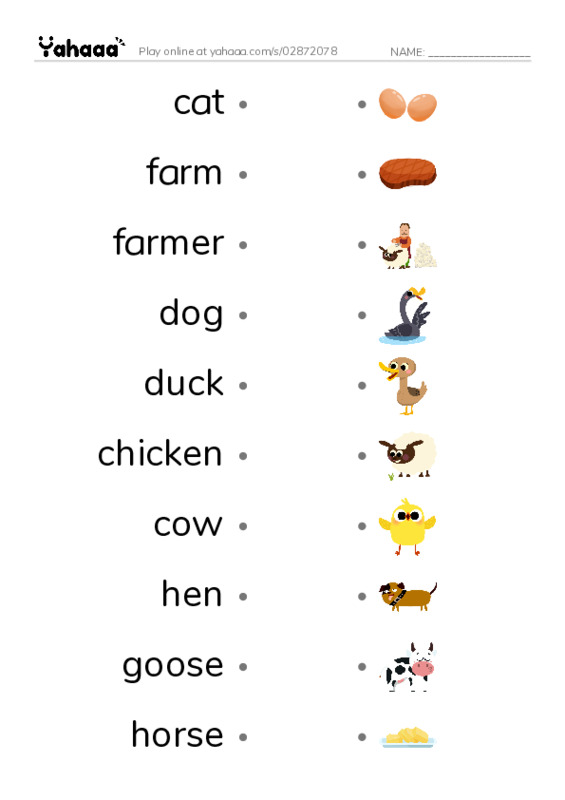 Draw a line to match worksheet for On the farm