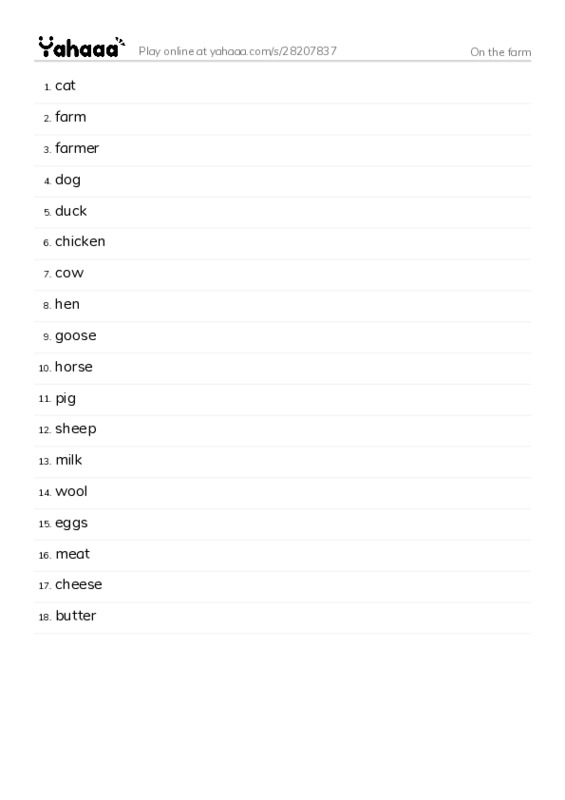 Word list with meanings worksheet for On the farm