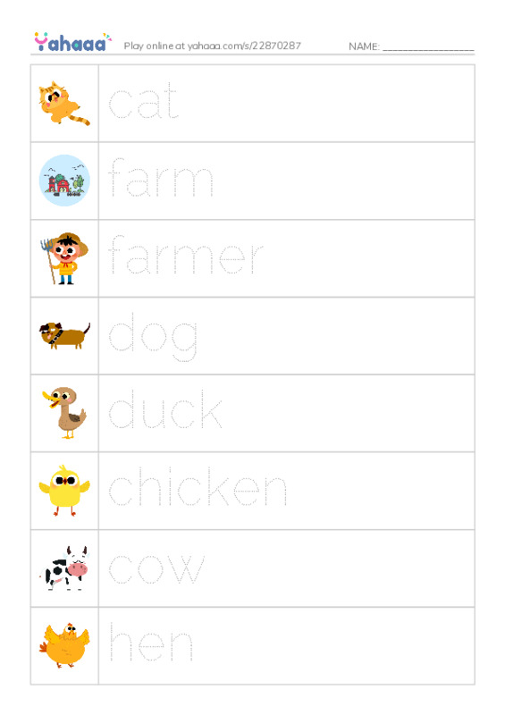Picture and word rows worksheet for on the farm