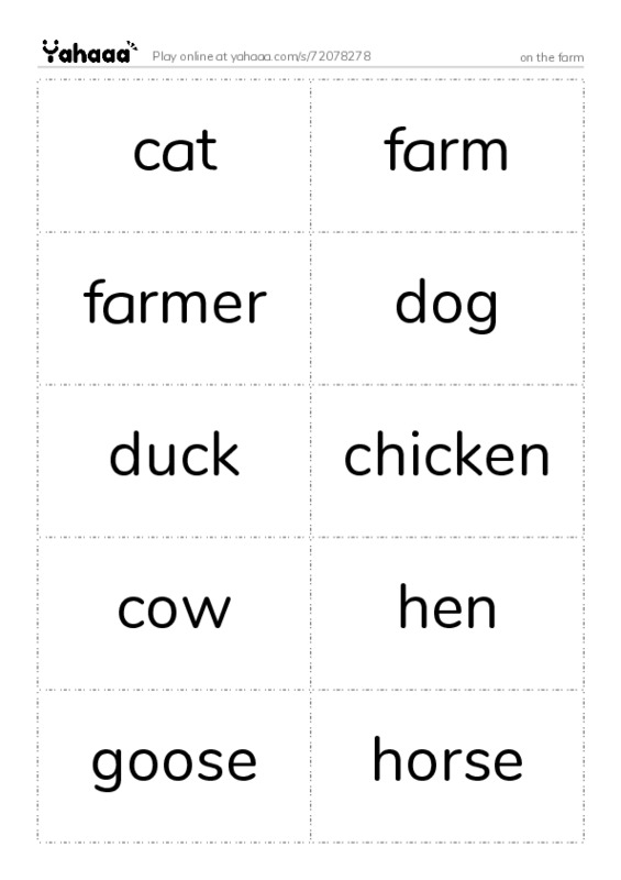Word flashcards worksheet for on the farm