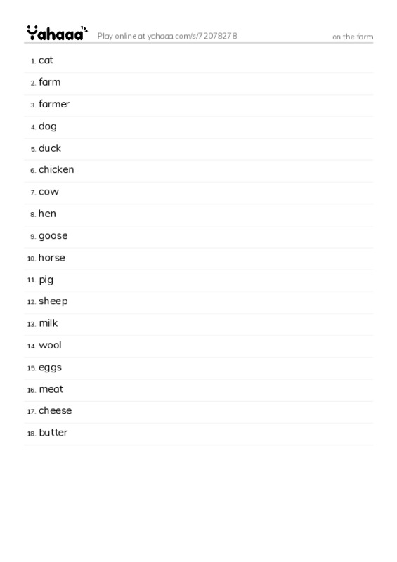 Word list with meanings worksheet for on the farm