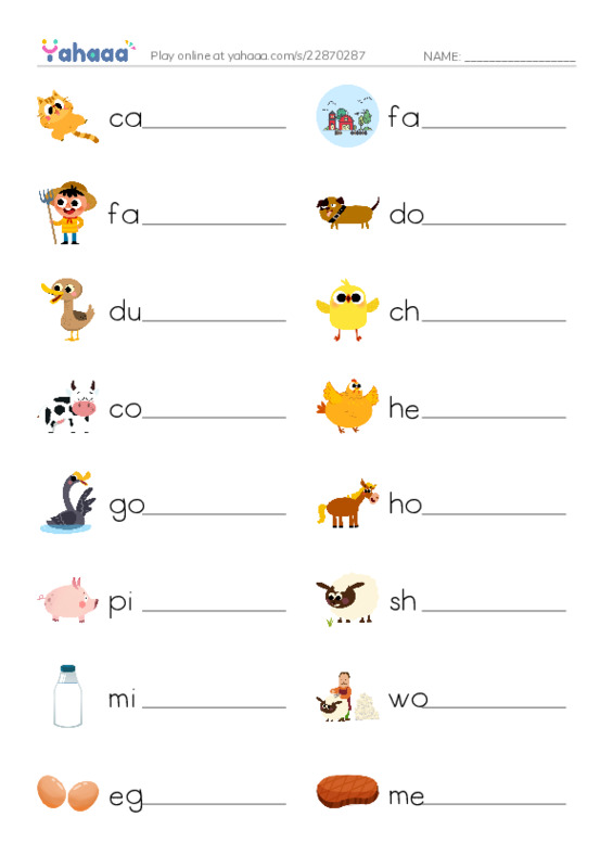 Write the word rows worksheet for on the farm