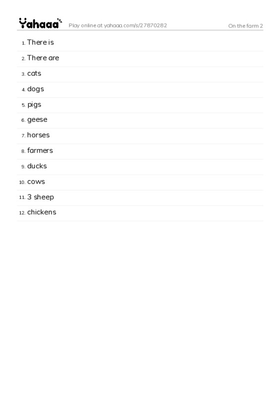 Word list with meanings worksheet for On the farm 2