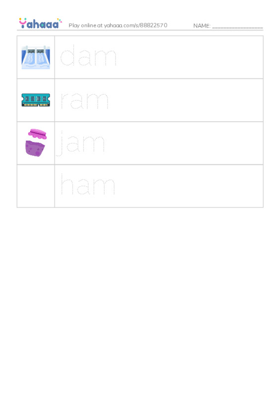 Picture and word rows worksheet for -am