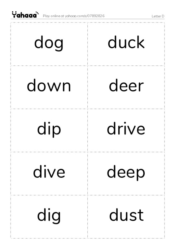 Word flashcards worksheet for Letter D