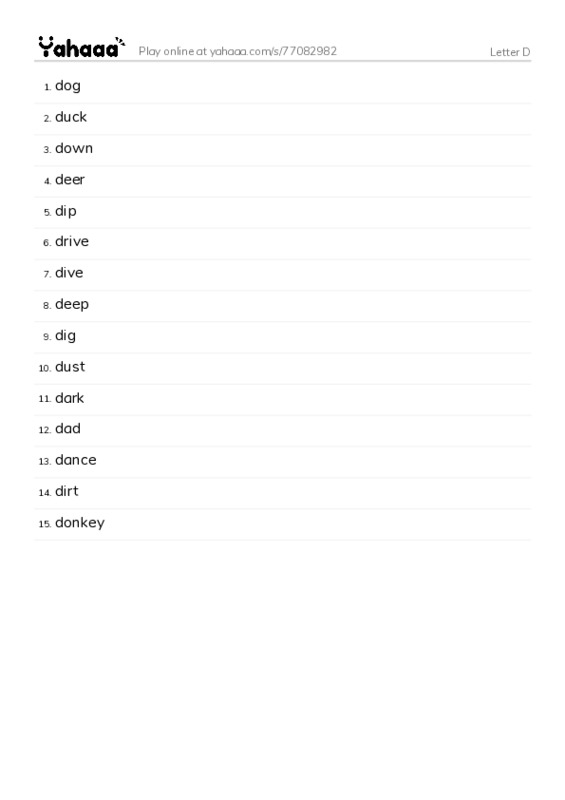 Word list with meanings worksheet for Letter D