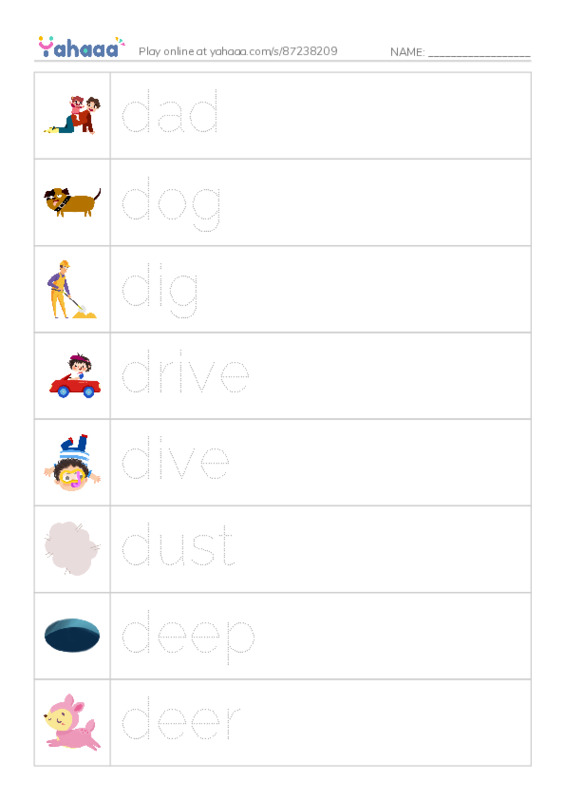 Picture and word rows worksheet for Letter D