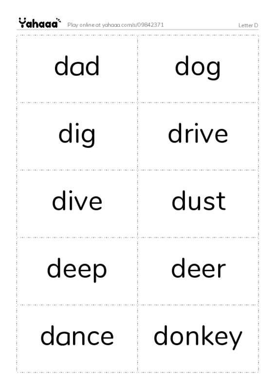 Word flashcards worksheet for Letter D
