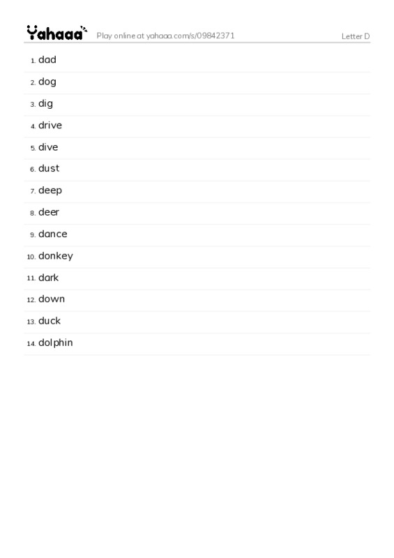 Word list with meanings worksheet for Letter D