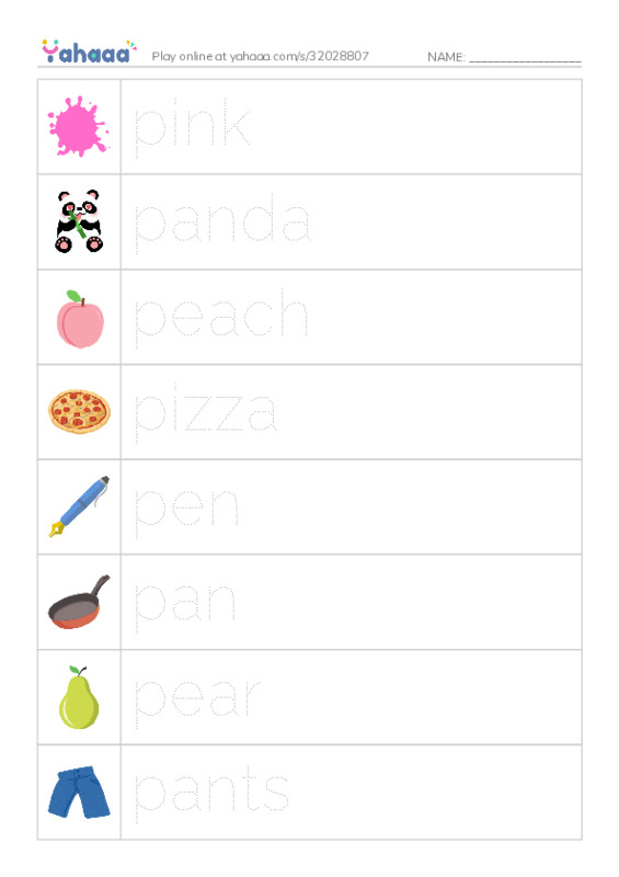 Picture and word rows worksheet for Letter P
