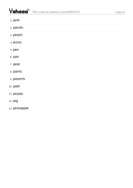 Word list with meanings worksheet for Letter P