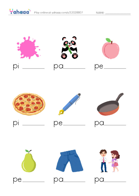 Finish the word worksheet for Letter P