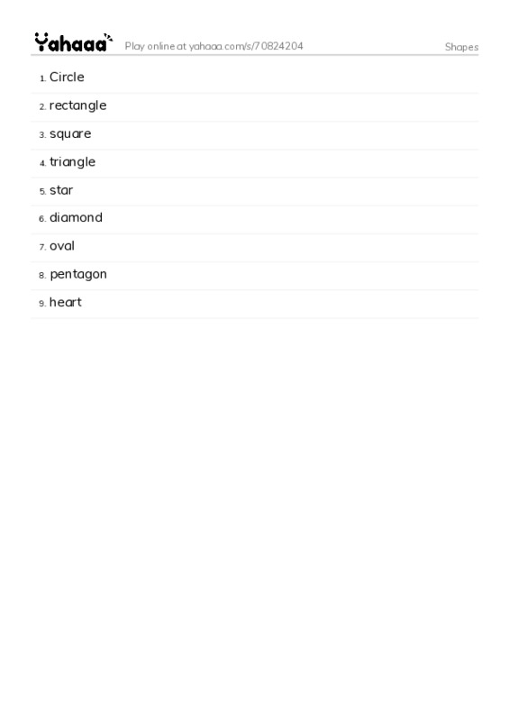Word list with meanings worksheet for Shapes