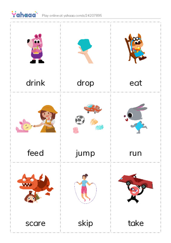 Picture flashcards worksheet for drink, drop, eat and 8 more