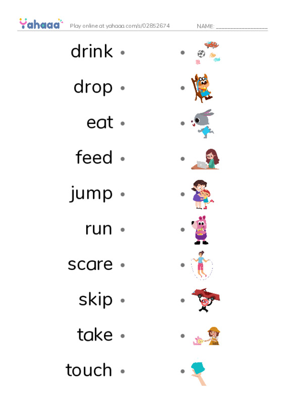 Draw a line to match worksheet for drink, drop, eat and 8 more