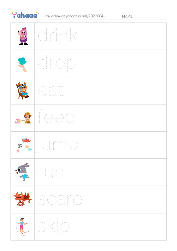 Picture and word rows worksheet for drink, drop, eat and 8 more