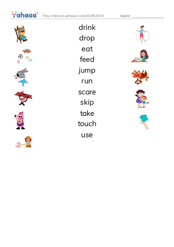 Match both sides worksheet for drink, drop, eat and 8 more