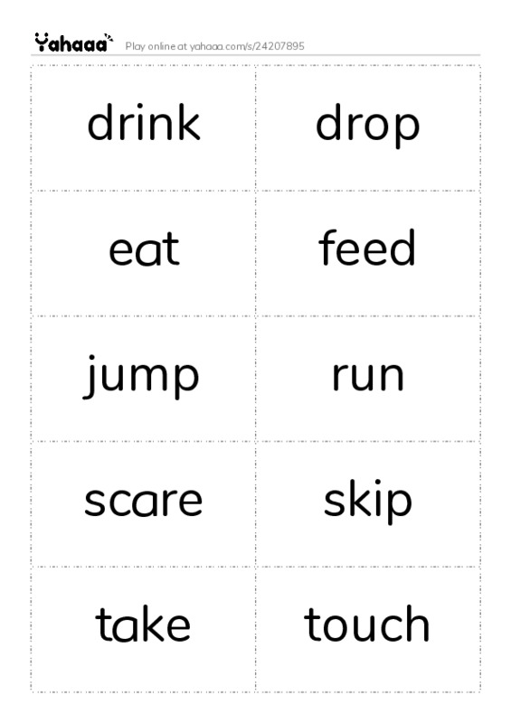 Word flashcards worksheet for drink, drop, eat and 8 more