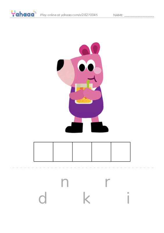 Letter scramble puzzle worksheet for drink, drop, eat and 8 more