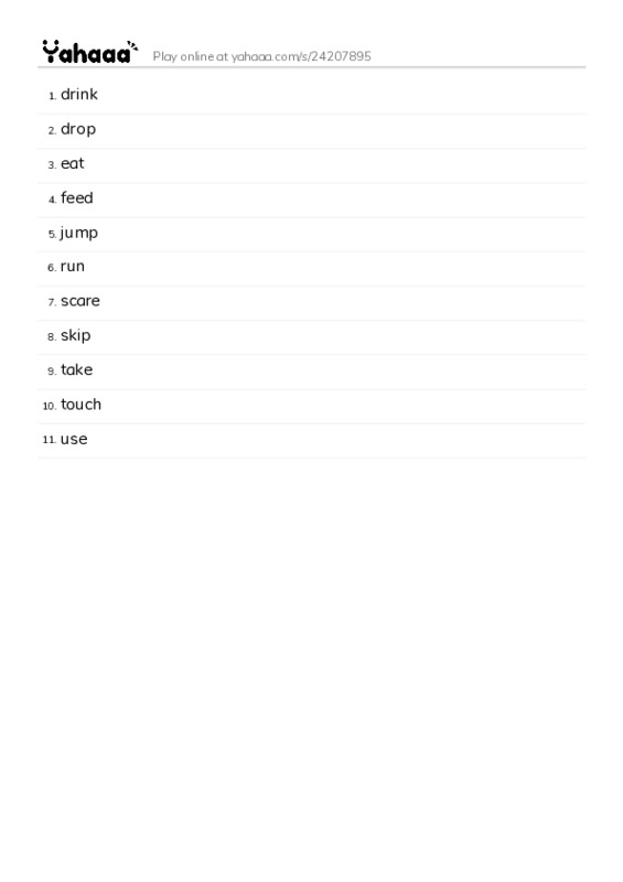 Word list with meanings worksheet for drink, drop, eat and 8 more