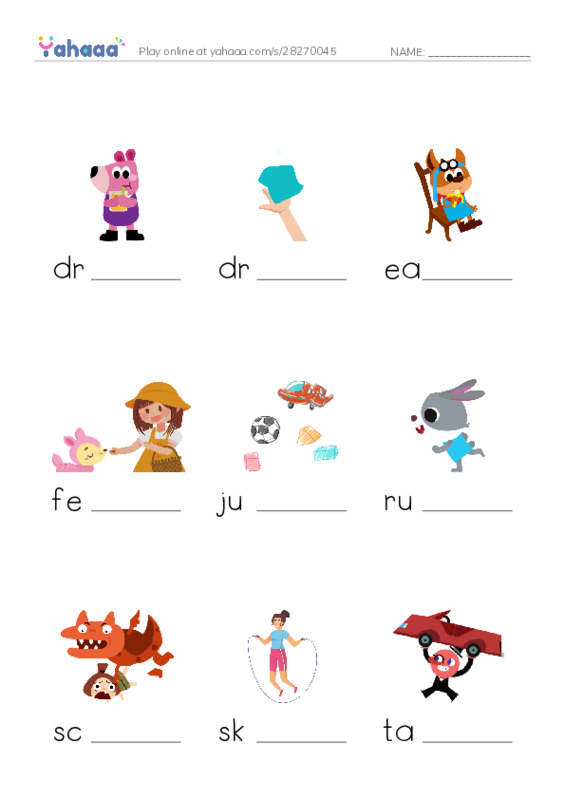 Finish the word worksheet for drink, drop, eat and 8 more