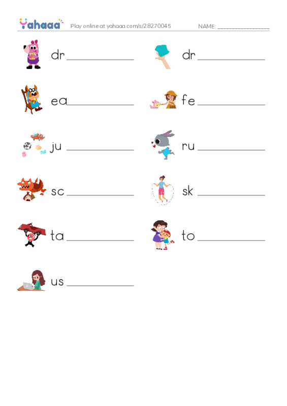 Write the word rows worksheet for drink, drop, eat and 8 more