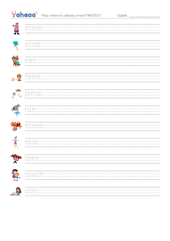 Handwriting lines worksheet for drink, drop, eat and 8 more