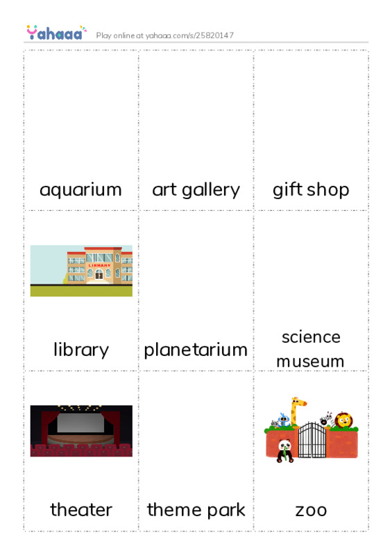 Picture flashcards worksheet for aquarium, art gallery, gift shop and 6 more