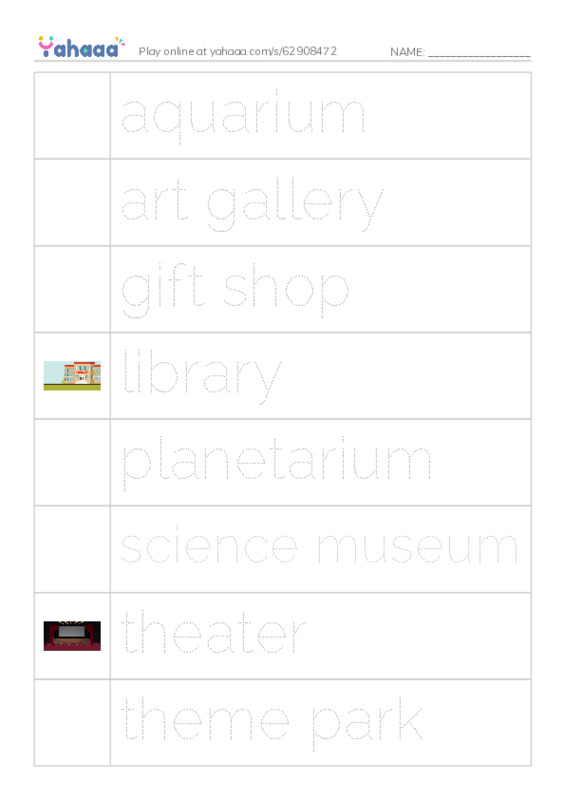 Picture and word rows worksheet for aquarium, art gallery, gift shop and 6 more
