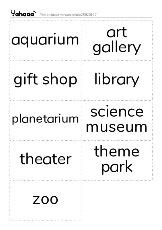 Word flashcards worksheet for aquarium, art gallery, gift shop and 6 more