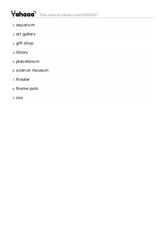Word list with meanings worksheet for aquarium, art gallery, gift shop and 6 more