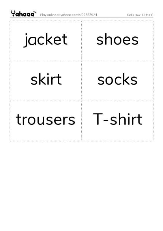 Word flashcards worksheet for Kid's Box 1 Unit 8
