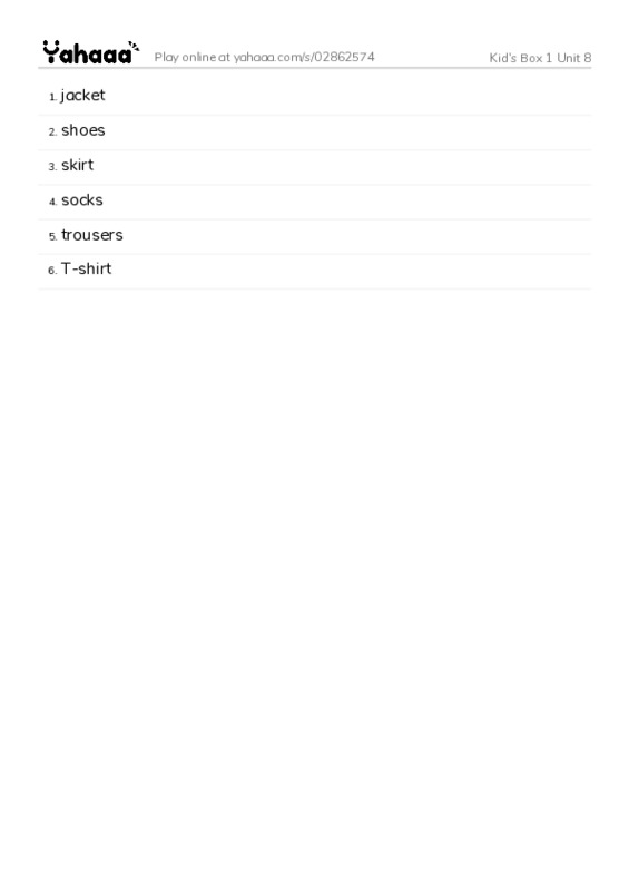 Word list with meanings worksheet for Kid's Box 1 Unit 8