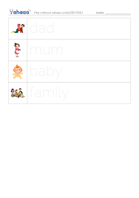 Picture and word rows worksheet for My Family