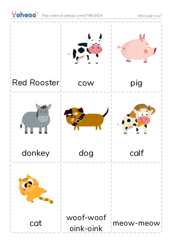 Picture flashcards worksheet for Who said moo?