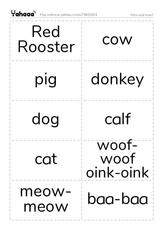 Word flashcards worksheet for Who said moo?