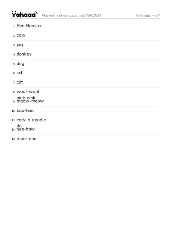 Word list with meanings worksheet for Who said moo?