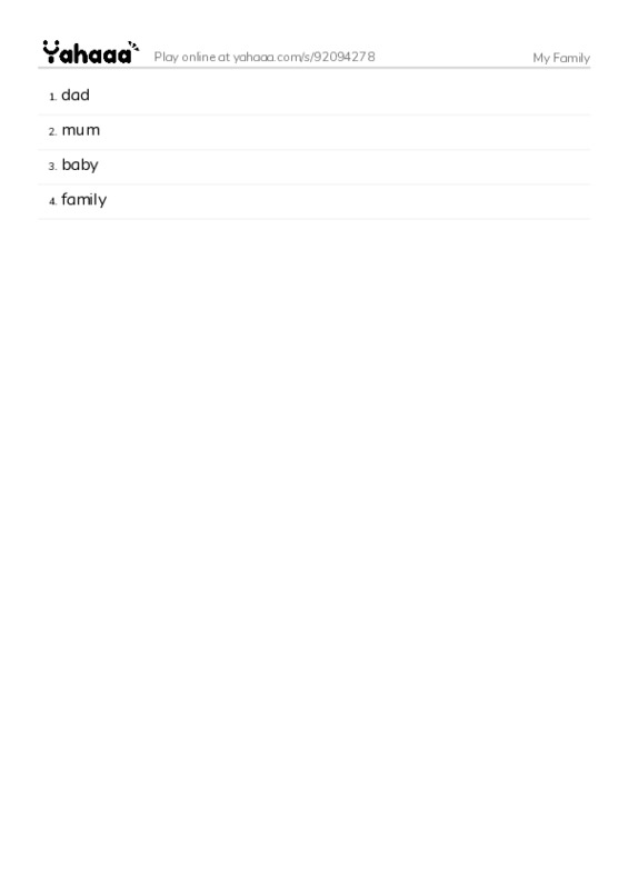 Word list with meanings worksheet for My Family