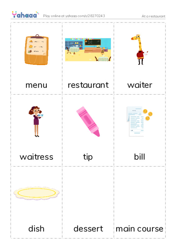 Picture flashcards worksheet for At a restaurant