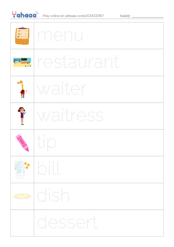 Picture and word rows worksheet for At a restaurant