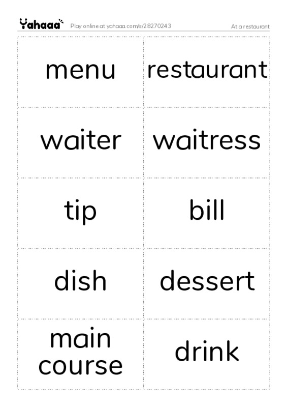 Word flashcards worksheet for At a restaurant