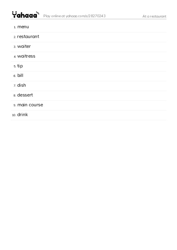 Word list with meanings worksheet for At a restaurant